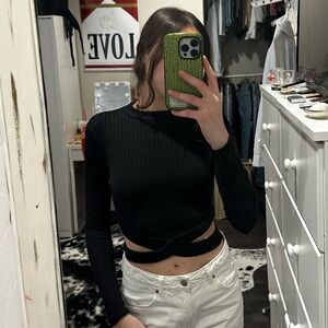 SHEIN Black Ribbed Long Sleeve Criss-Cross Mock Neck Crop Top